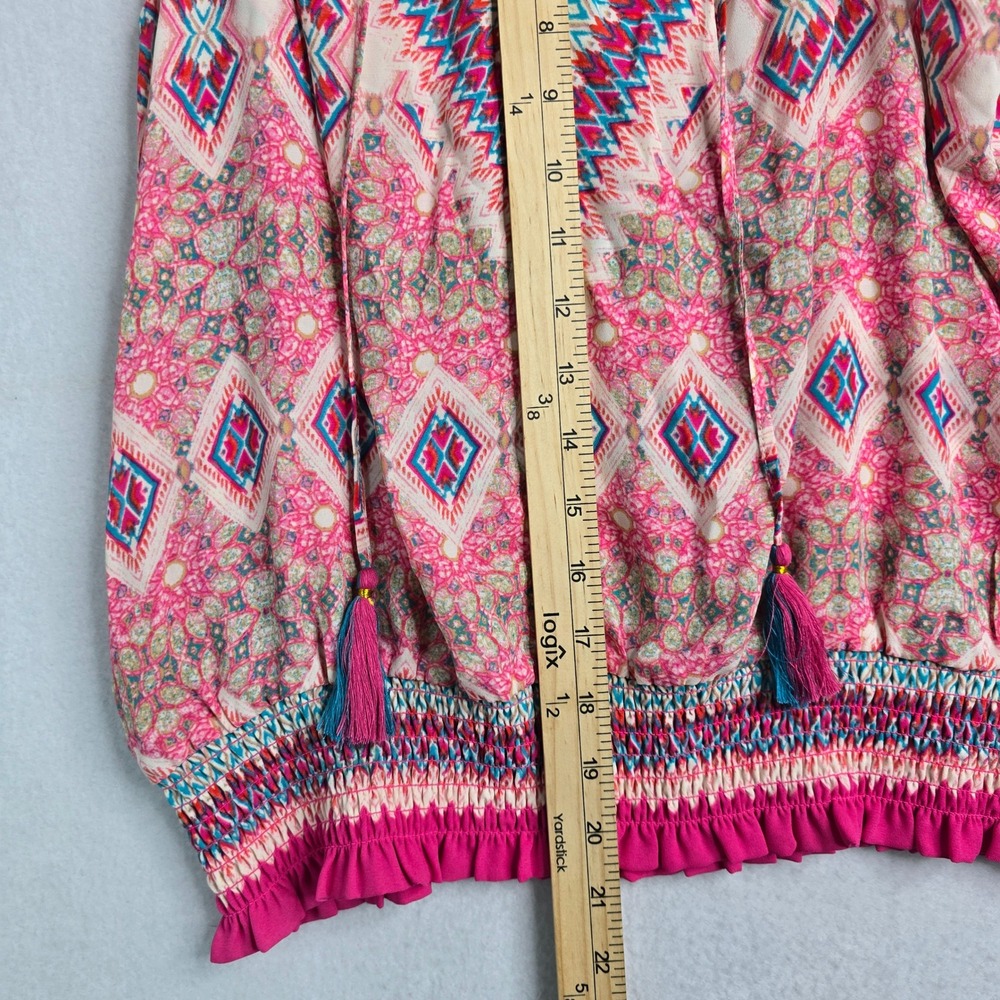 Rose Olive Boho Tribal Print Halter Neck Smocked Waist Tassel Top Womens L boho‎ - Picture 4 of 10